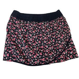 K Woman skirt/skort black floral print elastic waist pink roses SZ 4/6 short